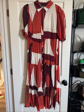 Abstract Block Print Maxi Shirt Dress in Red & Burgundy